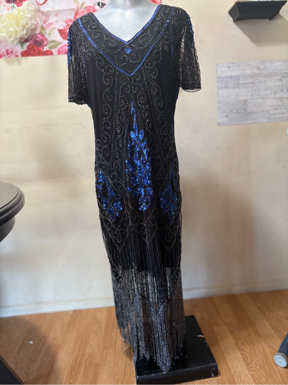 Black Maxi Dress with Blue Sequin Floral Embellishment